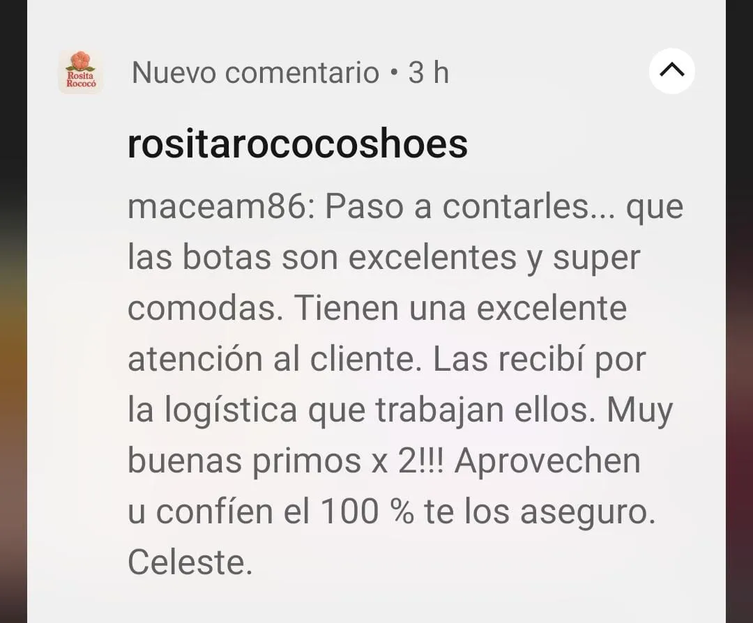 Comentario de Instagram de clienta